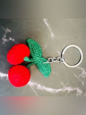 Handmade Crochet Cherry Keychain - Red & Green